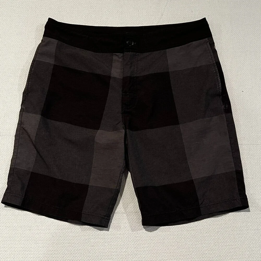 Prana Mens Board Shorts Charcoal Black‎ Plaid Recycled Stretch Swim Trunks 33
